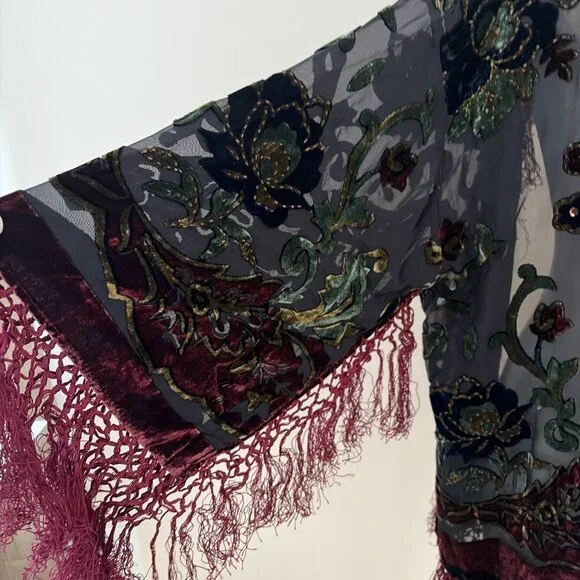 VTG Kirks Folly Burnout Velvet Cardigan Women's One Size Sequins Fringe Stunning - Picture 4 of 10